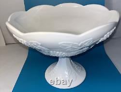 Vintage Gorgeous Pedestal Bowl Milk Glass Fruit Grapes Large Scallop Colony Foil