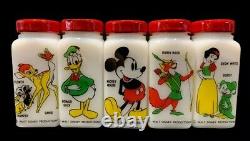 Vintage Griffith Milk Glass 10 Spice Jars Plastic Rack Red Tops Disney Decals