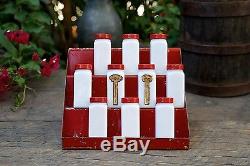 Vintage Griffith's White Milk Glass 10 Spice Jars withRare 3 Tiered Red Metal Rack