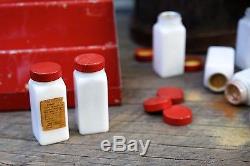 Vintage Griffith's White Milk Glass 10 Spice Jars withRare 3 Tiered Red Metal Rack