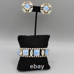 Vintage HOBE Blue Opal Glass & White Milk Glass Bracelet & Earring Set AB Signed