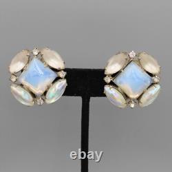 Vintage HOBE Blue Opal Glass & White Milk Glass Bracelet & Earring Set AB Signed