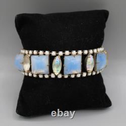 Vintage HOBE Blue Opal Glass & White Milk Glass Bracelet & Earring Set AB Signed
