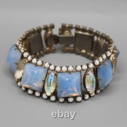 Vintage HOBE Blue Opal Glass & White Milk Glass Bracelet & Earring Set AB Signed