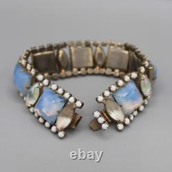 Vintage HOBE Blue Opal Glass & White Milk Glass Bracelet & Earring Set AB Signed