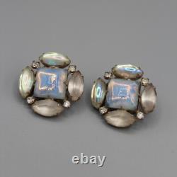 Vintage HOBE Blue Opal Glass & White Milk Glass Bracelet & Earring Set AB Signed