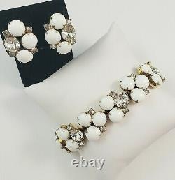 Vintage HOBE White Milk Glass Rhinestone Bracelet & Clip On Earrings SET