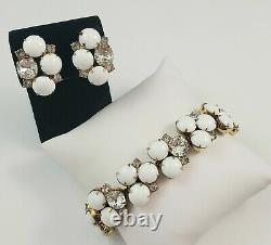 Vintage HOBE White Milk Glass Rhinestone Bracelet & Clip On Earrings SET