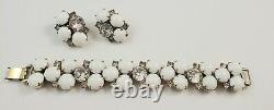 Vintage HOBE White Milk Glass Rhinestone Bracelet & Clip On Earrings SET