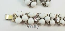 Vintage HOBE White Milk Glass Rhinestone Bracelet & Clip On Earrings SET