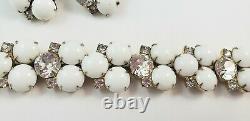 Vintage HOBE White Milk Glass Rhinestone Bracelet & Clip On Earrings SET