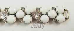 Vintage HOBE White Milk Glass Rhinestone Bracelet & Clip On Earrings SET