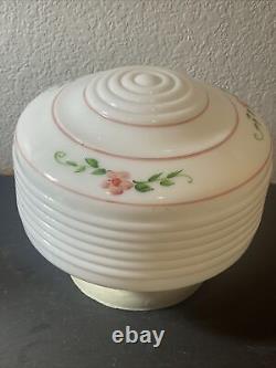 Vintage Hand Painted Milk Glass Light Cover With Light Fixture, Pink Flowers