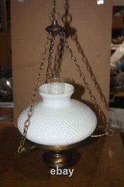 Vintage Hanging Hurricane Ceiling Fixture with Hobnail White Milk Glass Shade
