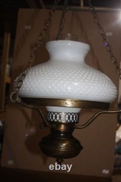 Vintage Hanging Hurricane Ceiling Fixture with Hobnail White Milk Glass Shade