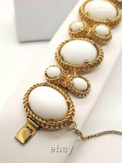 Vintage Hattie Carnegie White milk glass goldtone bracelet and clip earring set