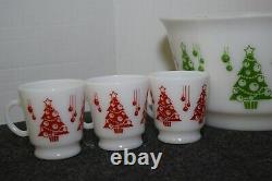 Vintage Hazel Atlas 7 pc Christmas Trees Egg Nog Punch Bowl Set Milk Glass MCM