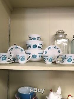 Vintage Hazel Atlas Kitchen Aids Bowl Scalloped Milkglass Turquoise Cup & Saucer