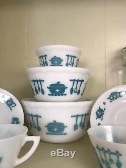 Vintage Hazel Atlas Kitchen Aids Bowl Scalloped Milkglass Turquoise Cup & Saucer