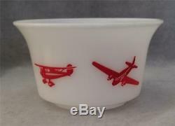 Vintage Hazel Atlas Milk Glass Children's Bowl Red Airplane Graphics 5