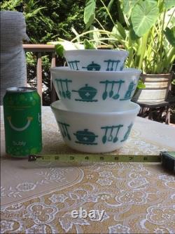 Vintage Hazel Atlas Milk Glass Kitchen Aid Mixing Bowls SET of 3 Turquoise White
