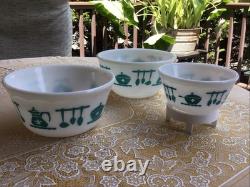 Vintage Hazel Atlas Milk Glass Kitchen Aid Mixing Bowls SET of 3 Turquoise White