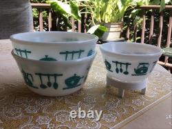 Vintage Hazel Atlas Milk Glass Kitchen Aid Mixing Bowls SET of 3 Turquoise White