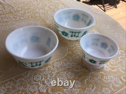 Vintage Hazel Atlas Milk Glass Kitchen Aid Mixing Bowls SET of 3 Turquoise White