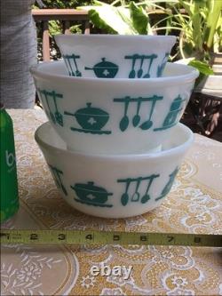 Vintage Hazel Atlas Milk Glass Kitchen Aid Mixing Bowls SET of 3 Turquoise White