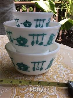Vintage Hazel Atlas Milk Glass Kitchen Aid Mixing Bowls SET of 3 Turquoise White