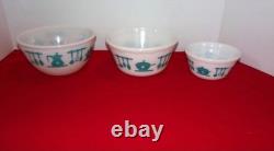 Vintage Hazel Atlas Milk Glass Kitchen Aid Mixing Bowls SET of 3 Turquoise White