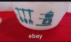 Vintage Hazel Atlas Milk Glass Kitchen Aid Mixing Bowls SET of 3 Turquoise White