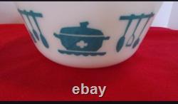 Vintage Hazel Atlas Milk Glass Kitchen Aid Mixing Bowls SET of 3 Turquoise White