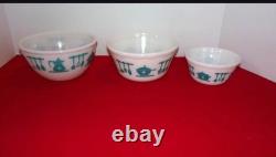 Vintage Hazel Atlas Milk Glass Kitchen Aid Mixing Bowls SET of 3 Turquoise White