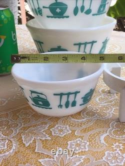 Vintage Hazel Atlas Milk Glass Kitchen Aid Mixing Bowls SET of 3 Turquoise White