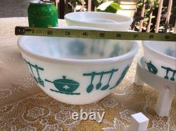 Vintage Hazel Atlas Milk Glass Kitchen Aid Mixing Bowls SET of 3 Turquoise White
