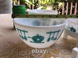 Vintage Hazel Atlas Milk Glass Kitchen Aid Mixing Bowls SET of 3 Turquoise White