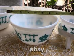 Vintage Hazel Atlas Milk Glass Kitchen Aid Mixing Bowls SET of 3 Turquoise White