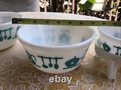 Vintage Hazel Atlas Milk Glass Kitchen Aid Mixing Bowls SET of 3 Turquoise White