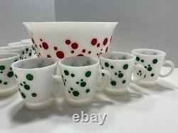 Vintage Hazel Atlas Polka Dot Christmas Eggnog/Punch Bowl Set with 8 Cups