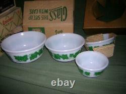 Vintage Hazel Atlas White Milk Glass Green Ivy Mixing Bowls 4pc. Set NOS IOB