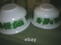 Vintage Hazel Atlas White Milk Glass Green Ivy Mixing Bowls 4pc. Set NOS IOB