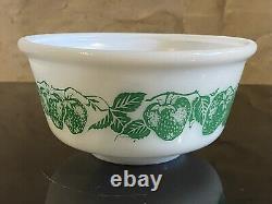 Vintage Hazel Atlas White Milk Glass Green Strawberry 7 Inch Mixing Bowl RARE