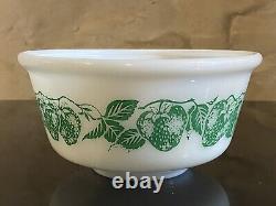 Vintage Hazel Atlas White Milk Glass Green Strawberry 7 Inch Mixing Bowl RARE