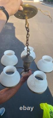 Vintage Hobnail Milk Glass 5-Arm Chandelier Ceiling Light Fixture