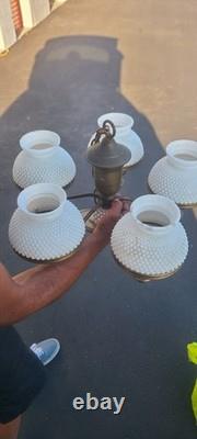 Vintage Hobnail Milk Glass 5-Arm Chandelier Ceiling Light Fixture