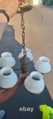 Vintage Hobnail Milk Glass 5-Arm Chandelier Ceiling Light Fixture