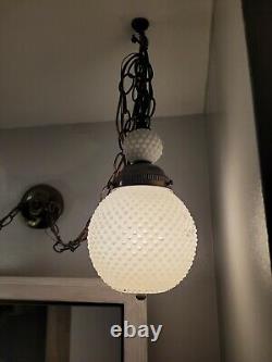 Vintage Hobnail Milk Glass Double Pendant Hanging Light Fixture Swag Chain Lamp