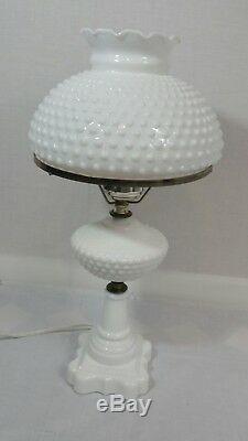 Vintage Hobnail Milk Glass White Table Lamp, Hurricane