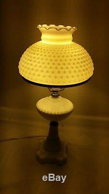 Vintage Hobnail Milk Glass White Table Lamp, Hurricane